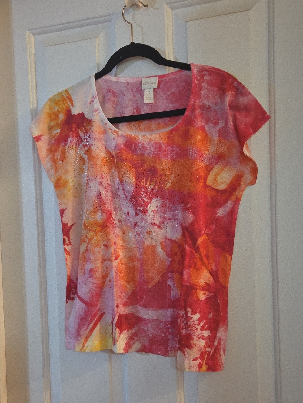 Chico's Pink Orange Floral Short-Sleeve Scoop Neck  Embellishments Top Small